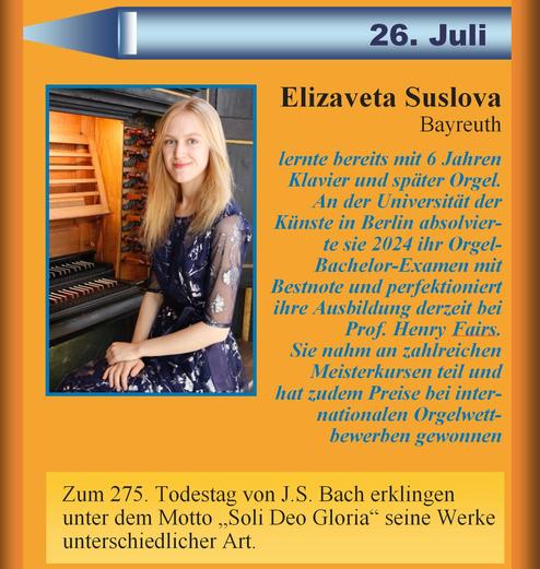 Orgelkonzert Elizaveta Suslova 26. Juli 2025, 18 Uhr, Sillenstede